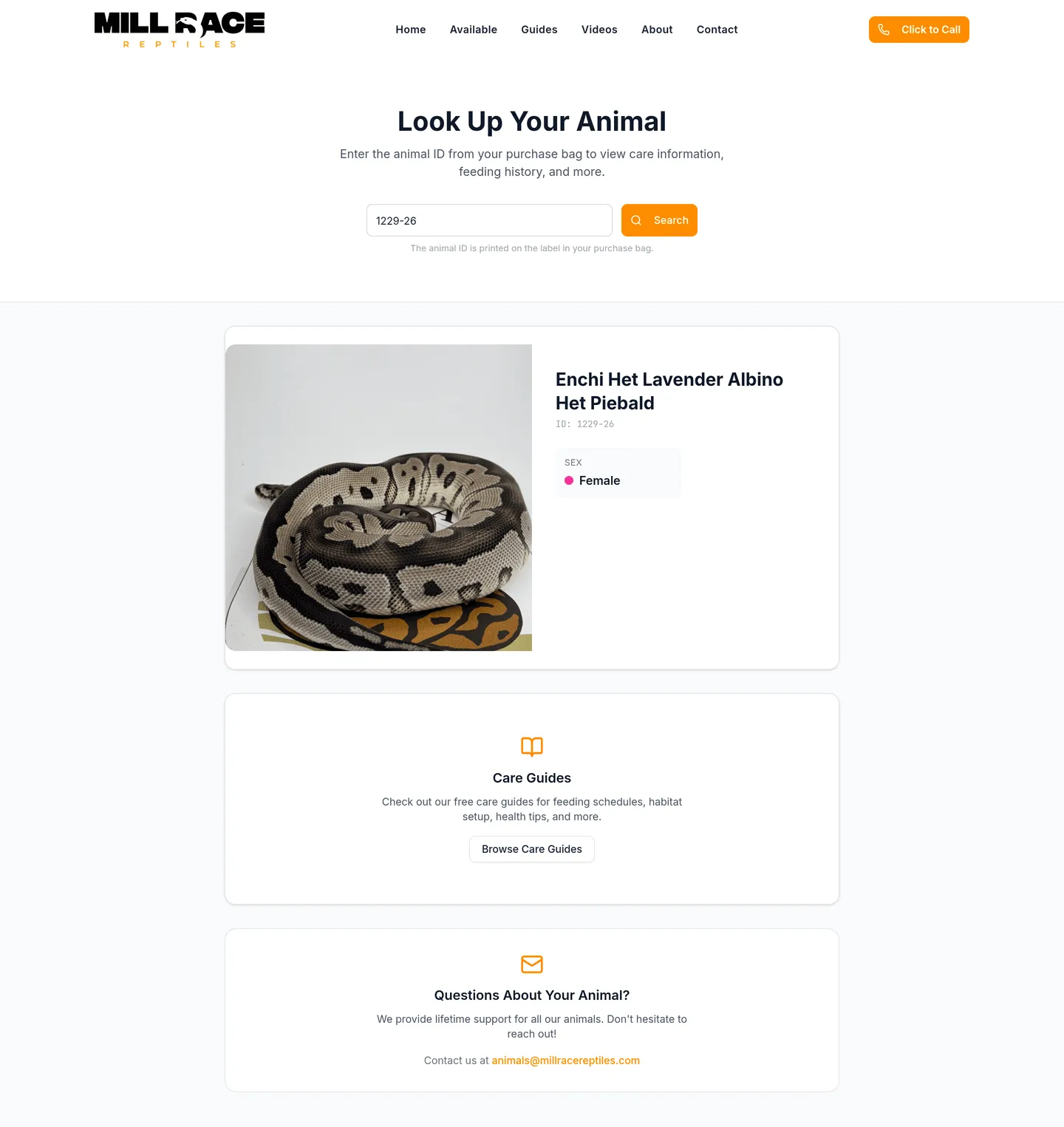 Public Look Up Your Animal page with an animal ID entered, showing that animal's photo, morph and sex, then links to care guides and an email address for questions.