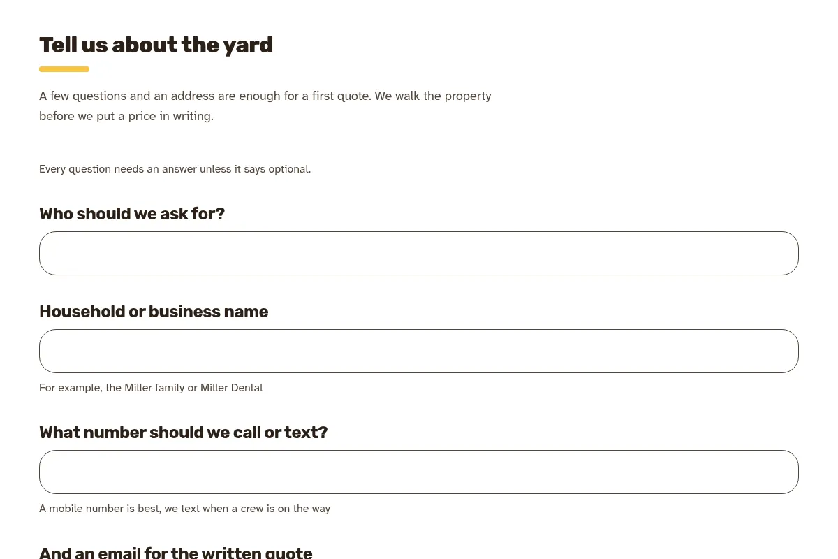 Quote form headed Tell us about the yard, asking in plain questions for a name to ask for, the household or business name, and a number to call or text.