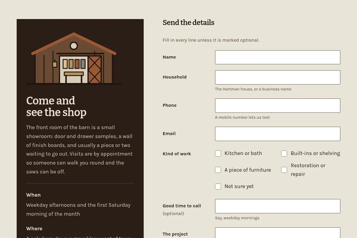 Contact page with a dark showroom visit panel on the left and a compact quote form on the right asking for name, household, phone, email and the kind of work.