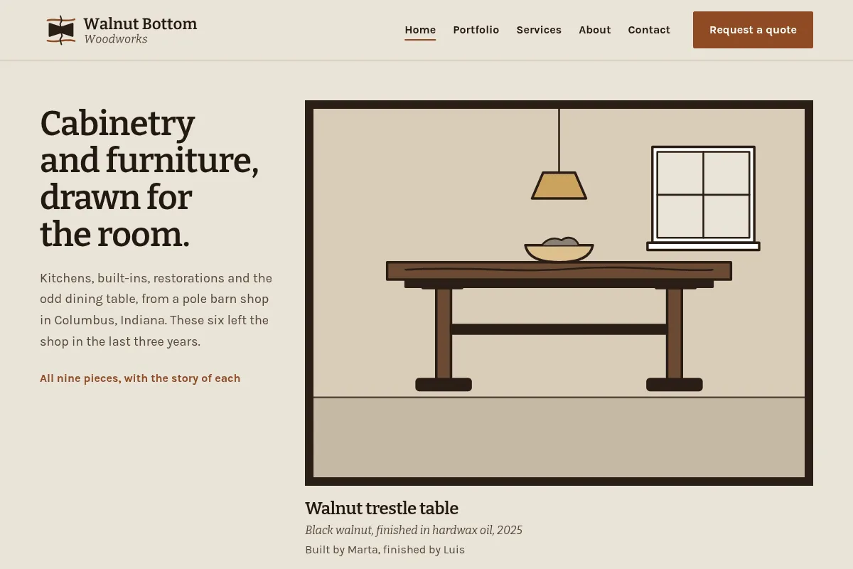 Walnut Bottom Woodworks home page with the headline Cabinetry and furniture, drawn for the room, beside a framed drawing of a walnut trestle table captioned with its wood, finish and makers.