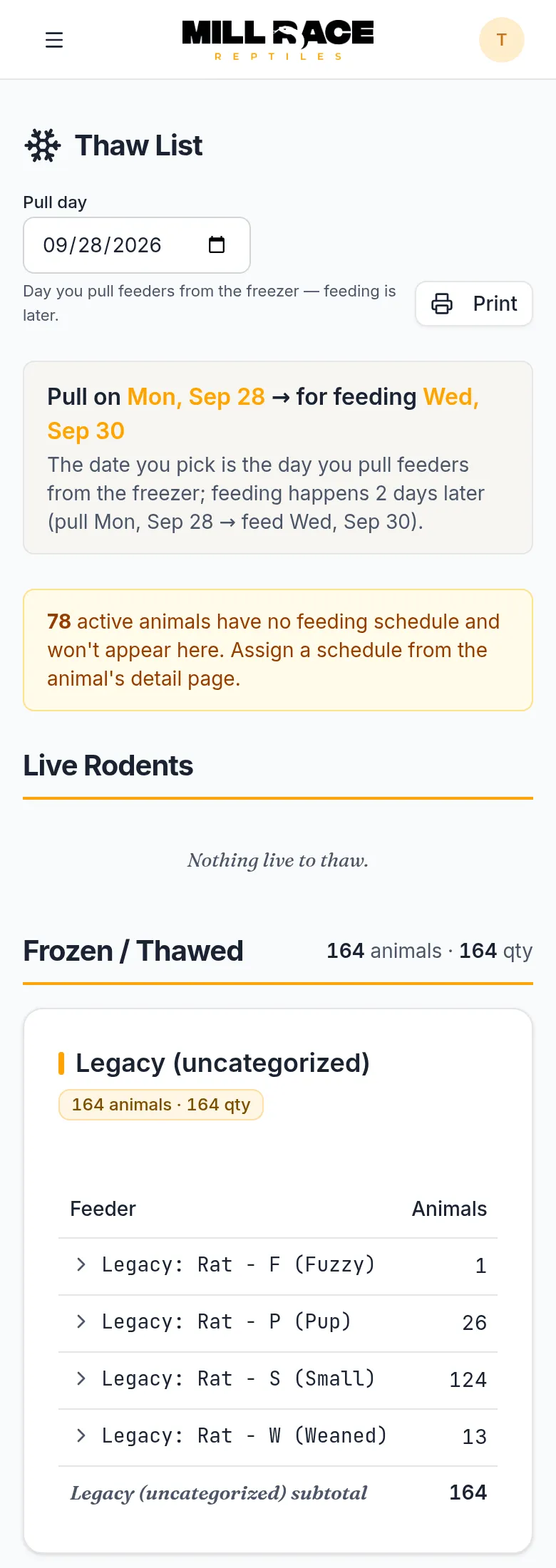 Phone screen titled Thaw List with a pull day picker, a note that feeders pulled on Monday are fed on Wednesday, and a table of frozen rat sizes with how many animals need each one.